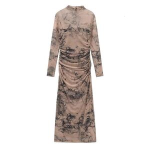 Zara Printed Tul Marble-Print Ruched Long-Sleeve Midi Dress